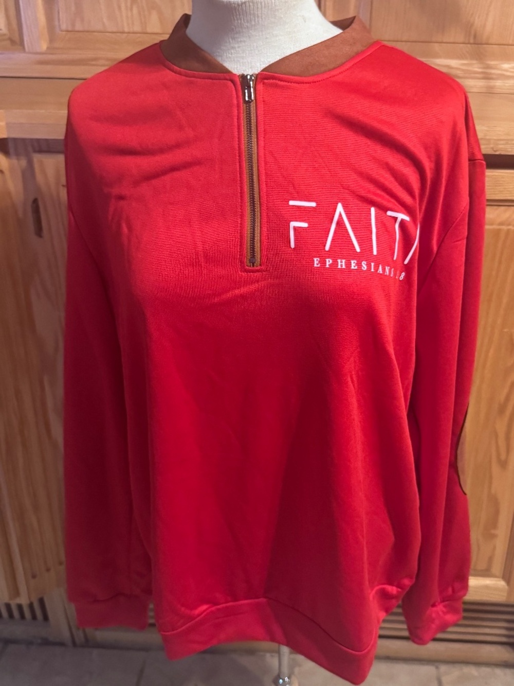 Men's Small Red Sweatshirt Quarter Zip Heaney " Faith Ephesians 2:8"  Comfort
